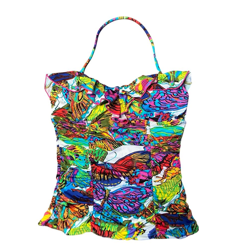 Nanette Lepore Tiered Tankini Swim Top Sz M Ruffled Roughed Butterfly Pattern